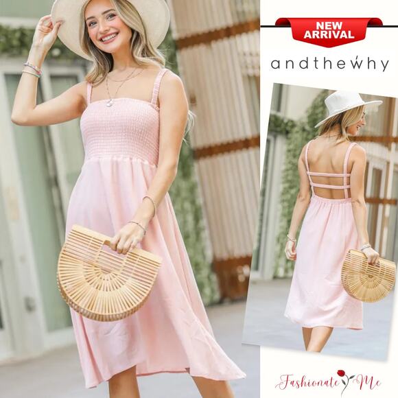 And The Why Smocking Open-Back Square Neck Sleeveless Midi Dress | Pale Pink - Picture 1 of 9